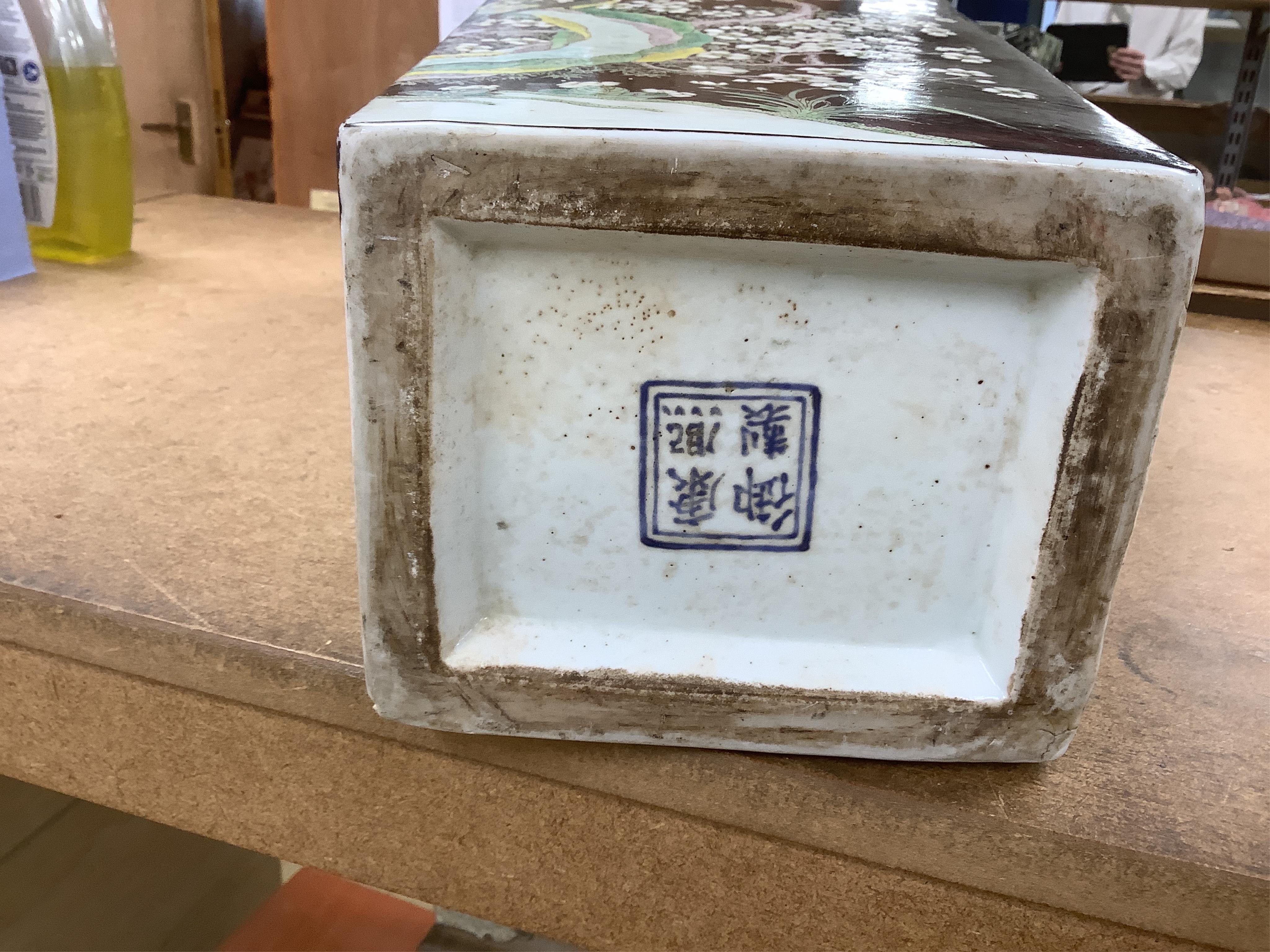 A large Chinese famille noire rectangular baluster vase, 63.5cm. Condition - fair, cracked